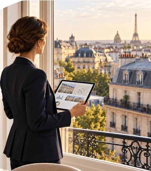 Une gestionnaire consulte un tableau de suivi sur tablette, devant les toits de Paris