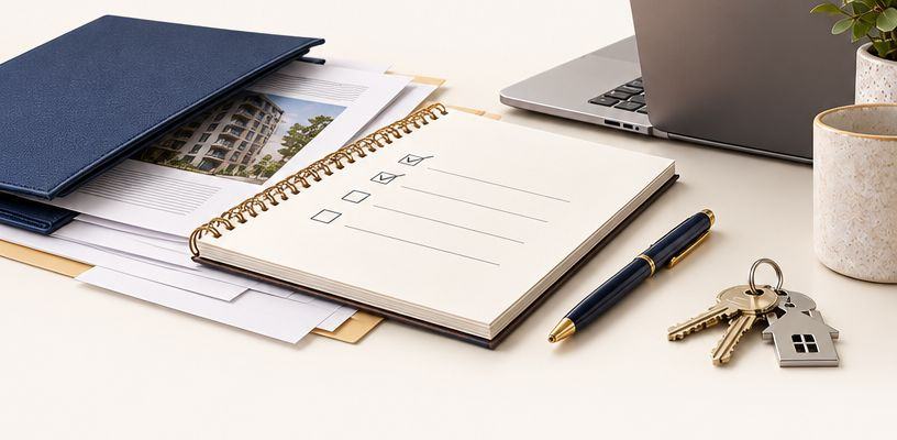 Bureau avec dossier d'immeuble, carnet de suivi et clés